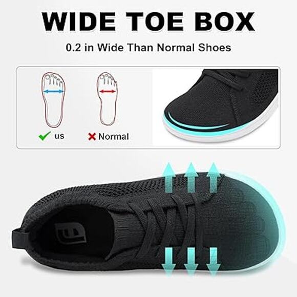 New Joinfree Womens Size 9.5W Black Mesh Wide Toe Box Lace Up Barefoot Shoes - Picture 2 of 6